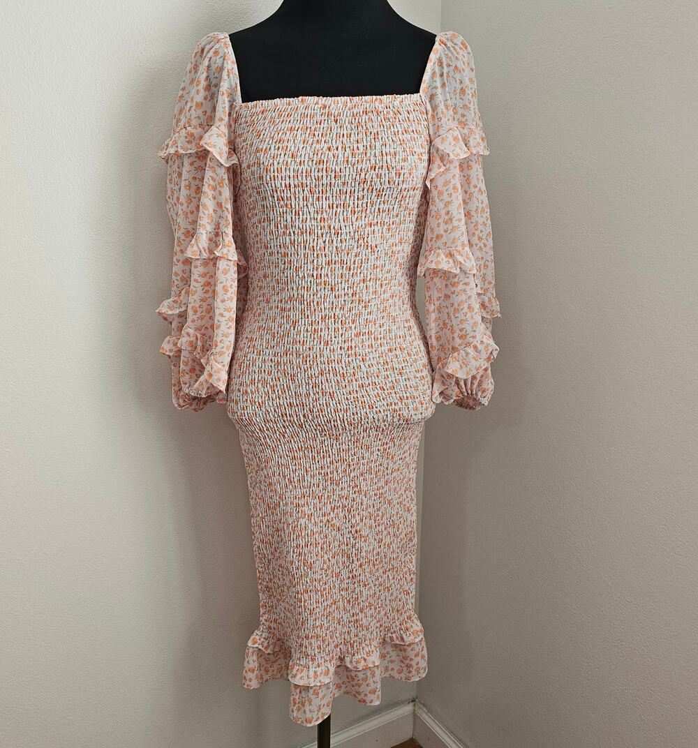 Petal + Pup Smocked Chiffon Orange Floral Ruffe Puffy Sleeve Midi Fitted Dress 4
